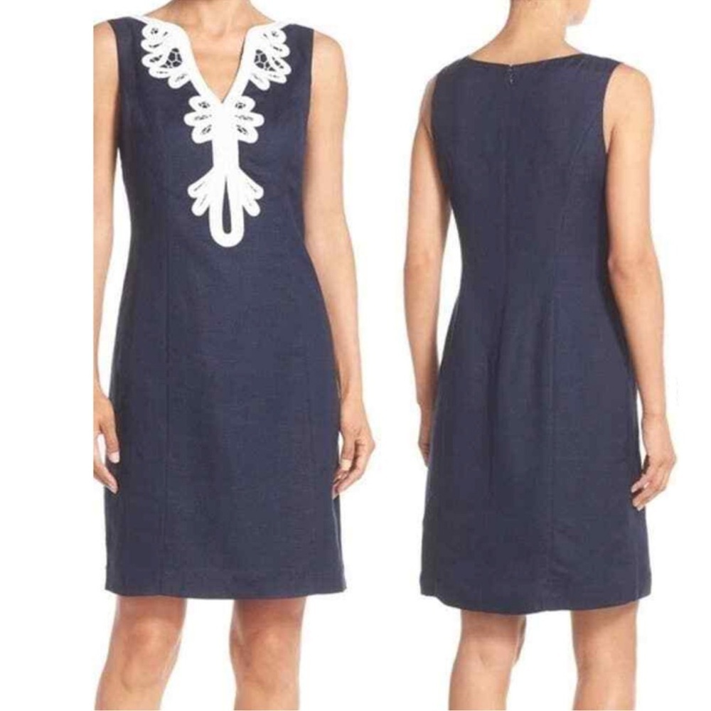 Eliza J Linen Blend Navy Sleeveless with White Rope Embroidery Dress size 6